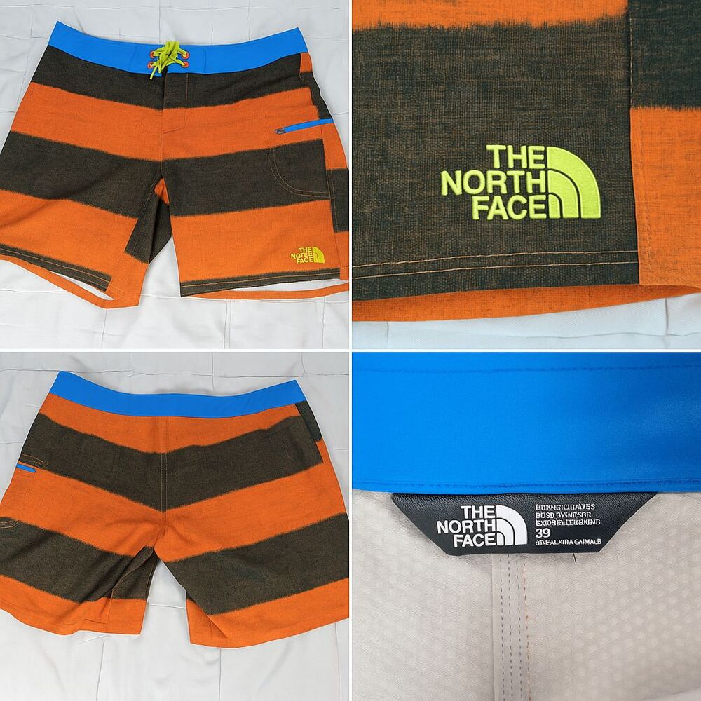 The North Face Boardshorts 36 Orange Black Stripe Blue Waist Pocket Surf Swim